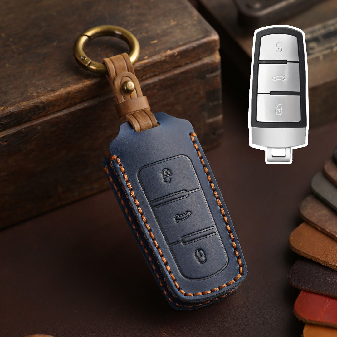 Carsine Volkswagen Magotan B7 CC Leather Car Key Cover 3 Button Blue