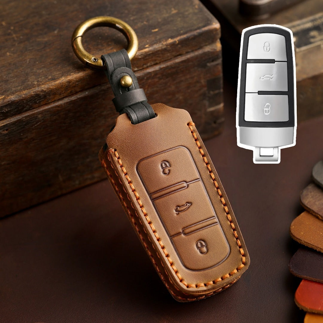 Carsine Volkswagen Magotan B7 CC Leather Car Key Cover 3 Button Brown