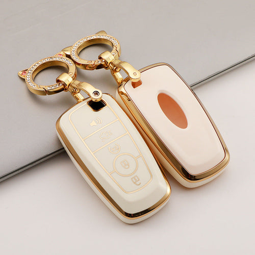 Carsine Ford Mustang Lincoln Car Key Case Golden Edge White / Key case（no chain）