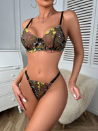 Carsine Floral Bra Thong 2-Piece Set G string Thong Black / S