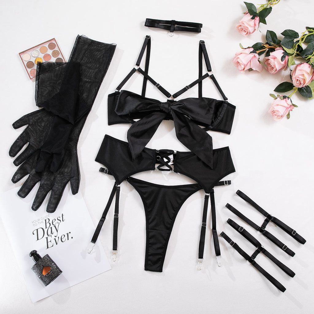 Carsine Six-piece set of bondage hollow belt long gloves chest strap sexy lingerie G string Thong Black / S