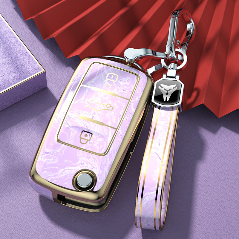 Carsine Volkswagen Car Key Case Gold Inlaid With Jade Pink / Key case + strap