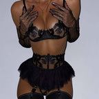 Hem embroidered bra garter three piece set G string Thong