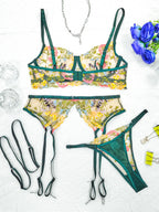 Green Sexy Lingerie 4-Piece Set T-Back with Leg Rings G string Thong