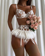 Hem embroidered bra garter three piece set G string Thong