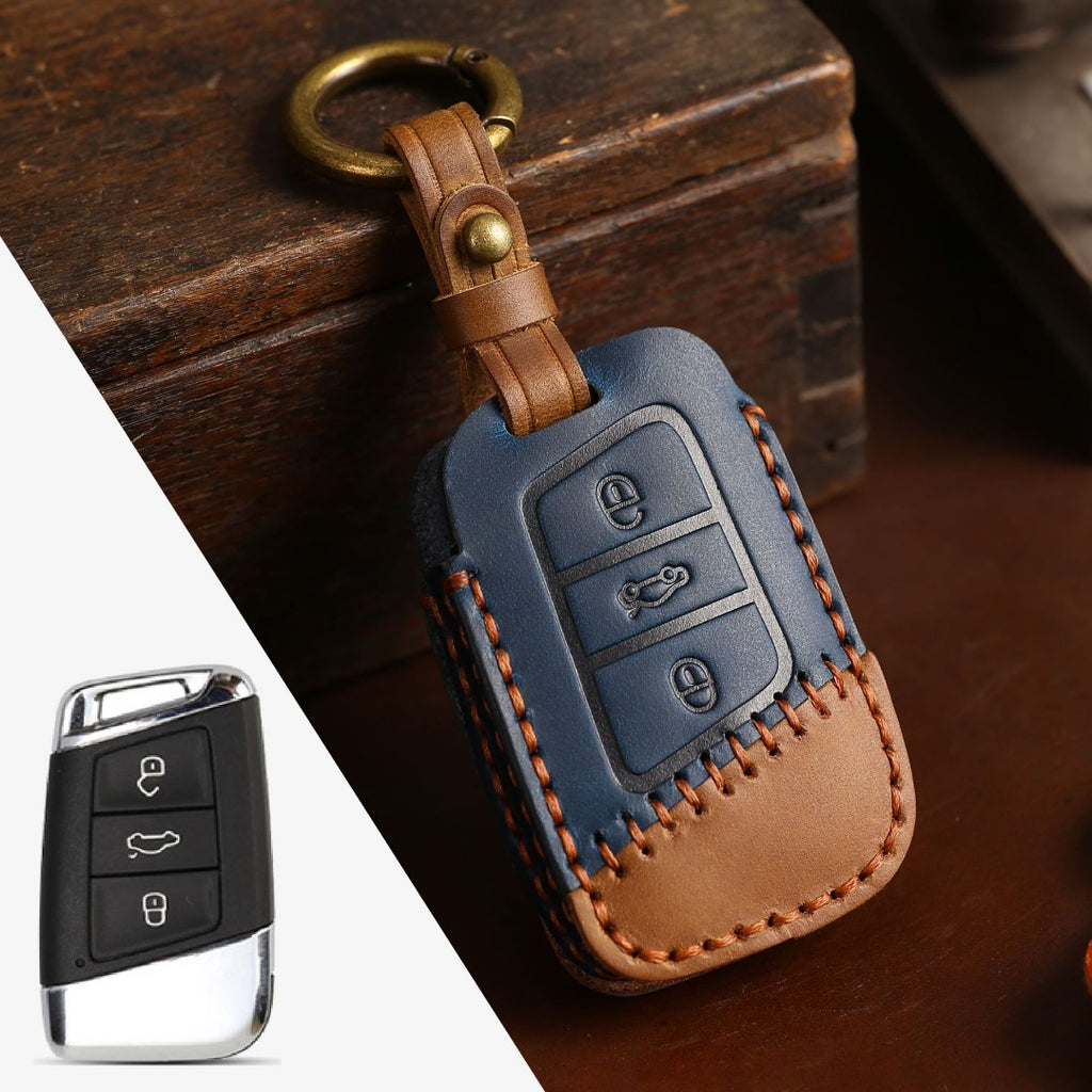 Carsine Volkswagen Lavida Bora Leather Car Key Cover 3 Button Blue / 3 Button