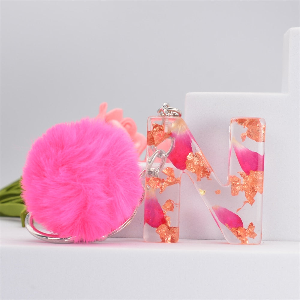 Carsine Pink Pompom 26 Alphabets Keychain N